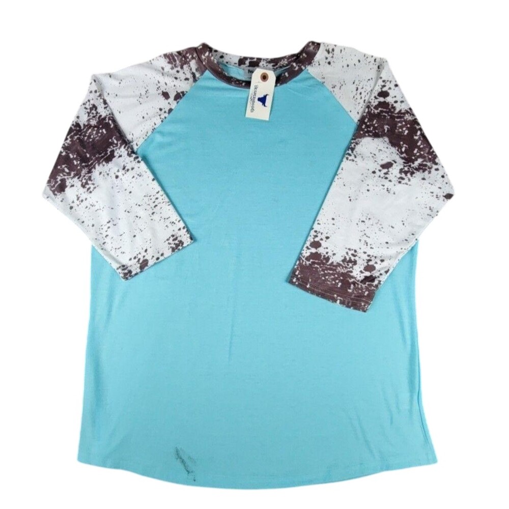 Prissy Jane Shirt Womens Large Blue Cow Print 3/4 Raglan Sleeve Western FLAW